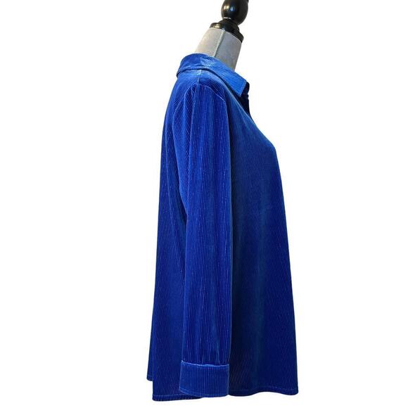 Soft Surroundings Shirt Women PXL Blue Textured Velvet Boyfriend Metallic Thread - Picture 4 of 11